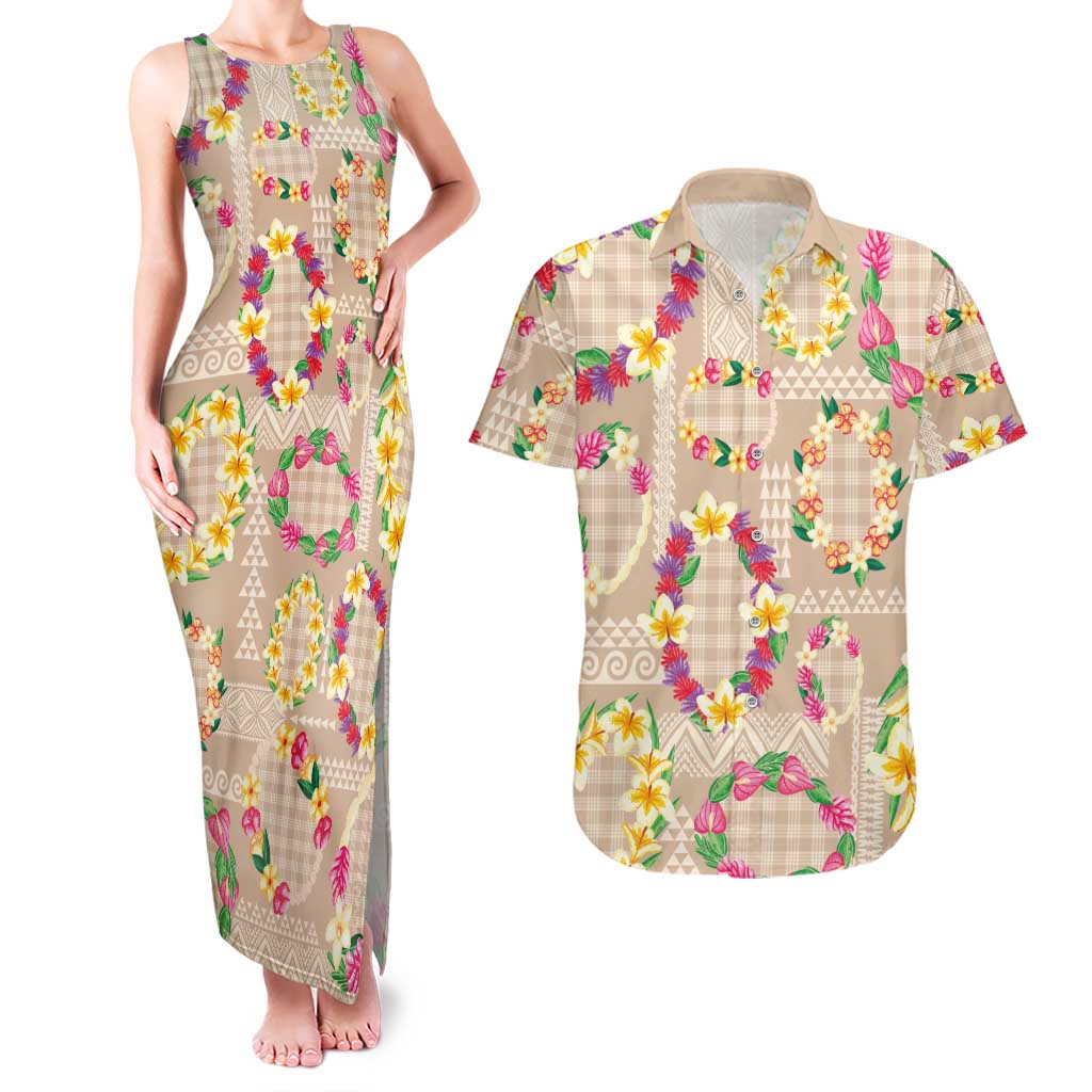 Hawaiian Kakau Tattoo Leis and Palaka Pattern Couples Matching Tank Maxi Dress and Hawaiian Shirt Traditional Aloha Tribal Beige Color LT03 Beige - Polynesian Pride