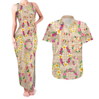Hawaiian Kakau Tattoo Leis and Palaka Pattern Couples Matching Tank Maxi Dress and Hawaiian Shirt Traditional Aloha Tribal Beige Color LT03 Beige - Polynesian Pride