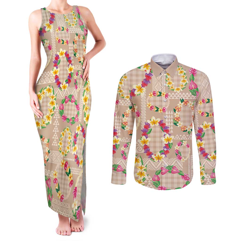 Hawaiian Kakau Tattoo Leis and Palaka Pattern Couples Matching Tank Maxi Dress and Long Sleeve Button Shirt Traditional Aloha Tribal Beige Color LT03 Beige - Polynesian Pride