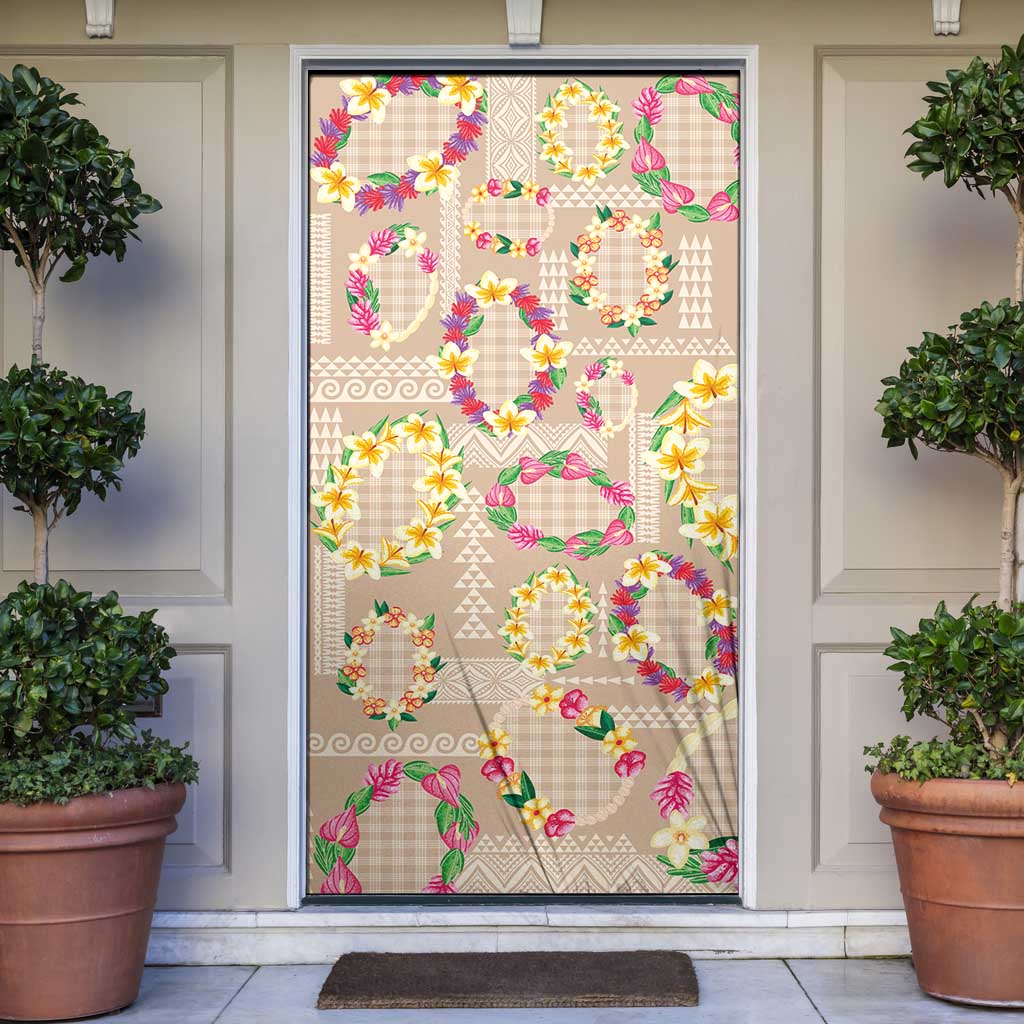 Hawaiian Kakau Tattoo Leis and Palaka Pattern Door Cover Traditional Aloha Tribal Beige Color