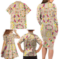 Hawaiian Kakau Tattoo Leis and Palaka Pattern Family Matching Long Sleeve Bodycon Dress and Hawaiian Shirt Traditional Aloha Tribal Beige Color LT03 - Polynesian Pride