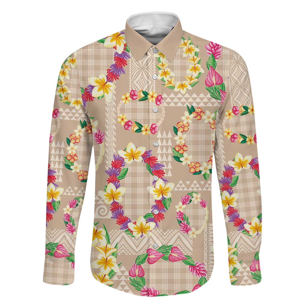 Hawaiian Kakau Tattoo Leis and Palaka Pattern Family Matching Mermaid Dress and Hawaiian Shirt Traditional Aloha Tribal Beige Color LT03 Dad's Shirt - Long Sleeve Beige - Polynesian Pride