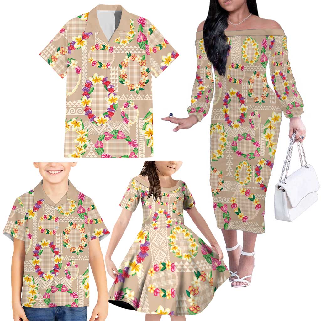 Hawaiian Kakau Tattoo Leis and Palaka Pattern Family Matching Off The Shoulder Long Sleeve Dress and Hawaiian Shirt Traditional Aloha Tribal Beige Color