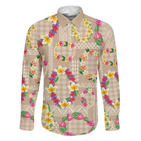 Hawaiian Kakau Tattoo Leis and Palaka Pattern Family Matching Off Shoulder Maxi Dress and Hawaiian Shirt Traditional Aloha Tribal Beige Color LT03 Dad's Shirt - Long Sleeve Beige - Polynesian Pride