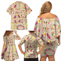 Hawaiian Kakau Tattoo Leis and Palaka Pattern Family Matching Off Shoulder Short Dress and Hawaiian Shirt Traditional Aloha Tribal Beige Color LT03 - Polynesian Pride