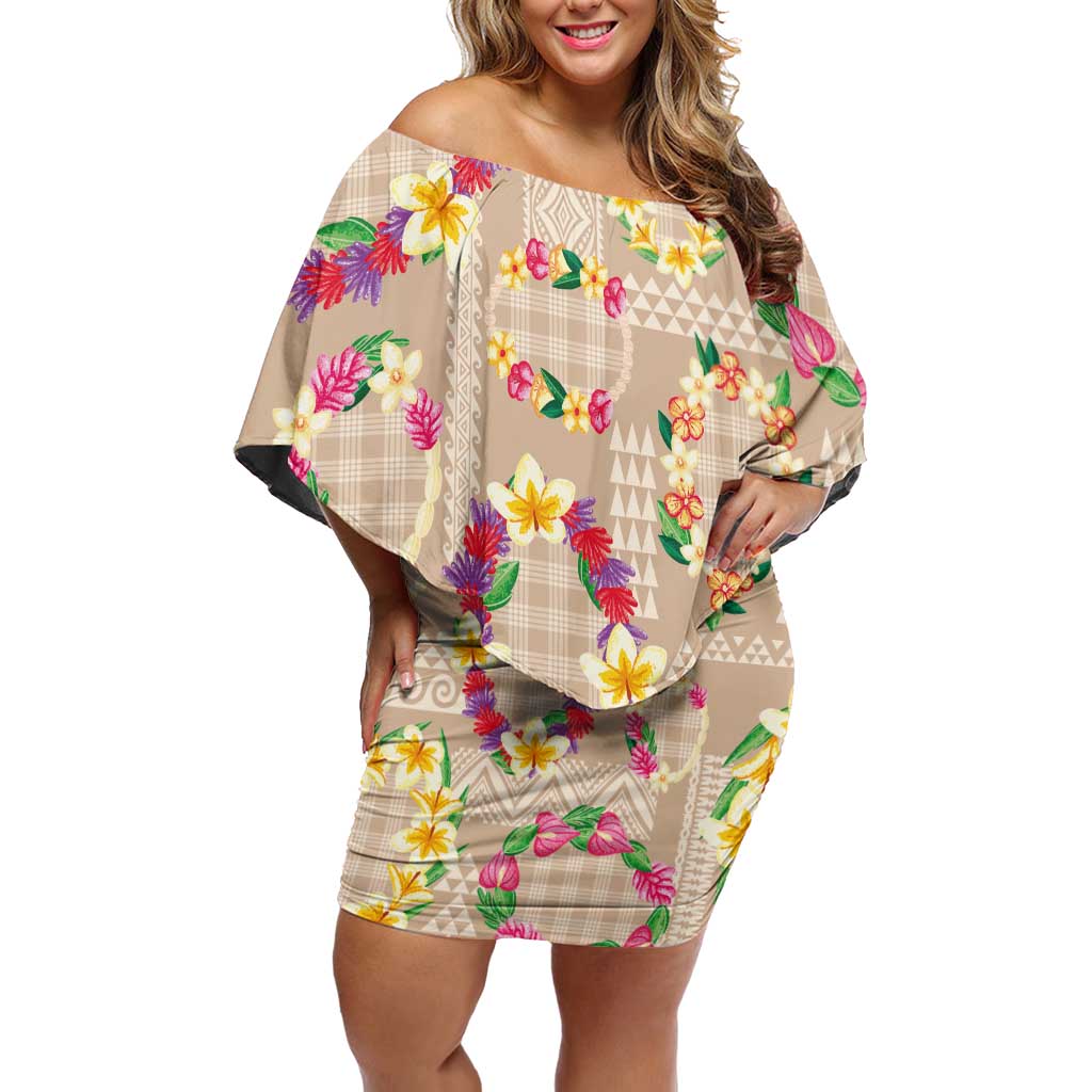 Hawaiian Kakau Tattoo Leis and Palaka Pattern Family Matching Off Shoulder Short Dress and Hawaiian Shirt Traditional Aloha Tribal Beige Color LT03 Mom's Dress Beige - Polynesian Pride