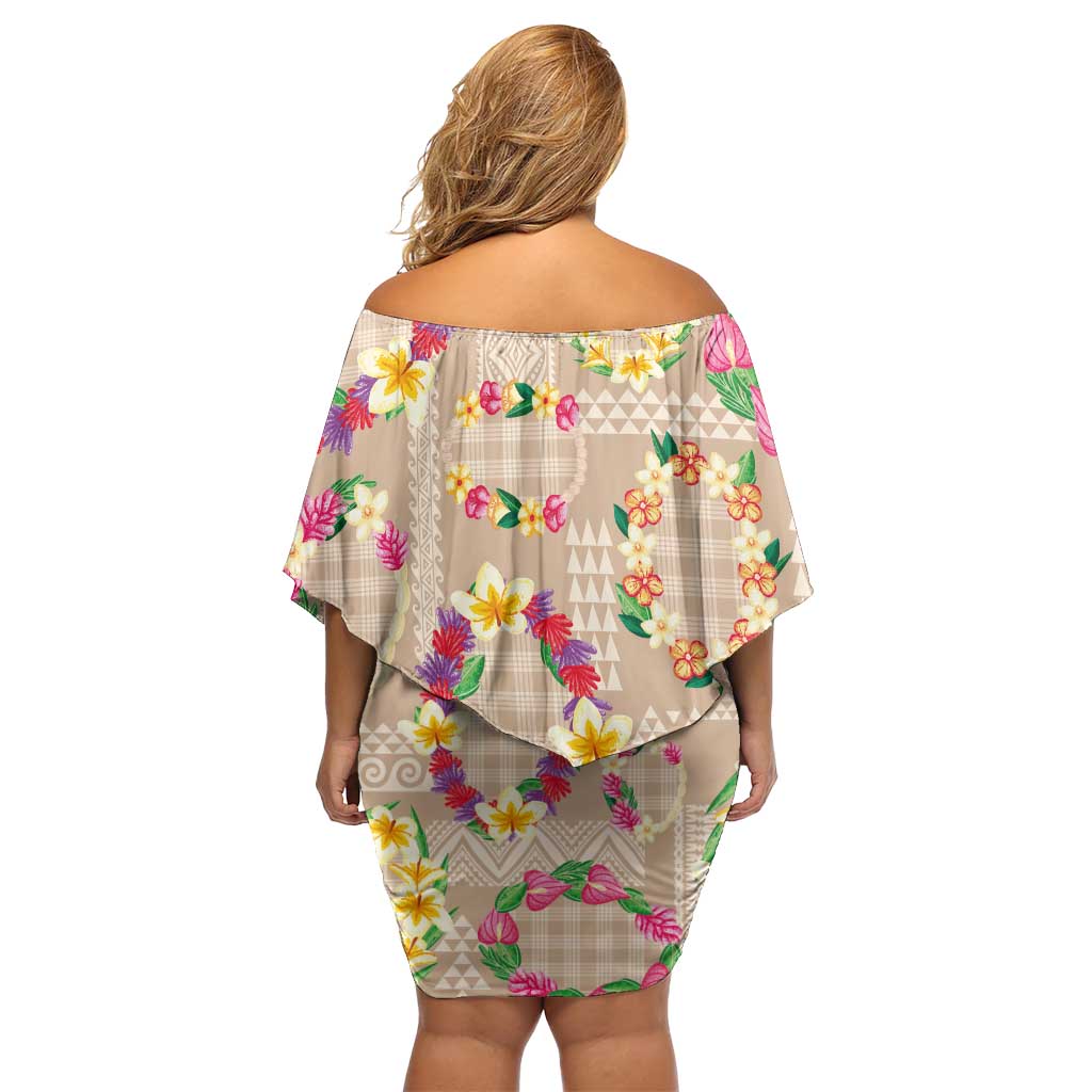 Hawaiian Kakau Tattoo Leis and Palaka Pattern Family Matching Off Shoulder Short Dress and Hawaiian Shirt Traditional Aloha Tribal Beige Color LT03 - Polynesian Pride