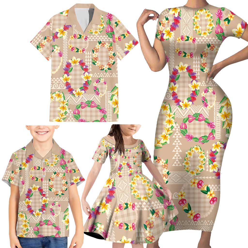 Hawaiian Kakau Tattoo Leis and Palaka Pattern Family Matching Short Sleeve Bodycon Dress and Hawaiian Shirt Traditional Aloha Tribal Beige Color