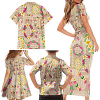 Hawaiian Kakau Tattoo Leis and Palaka Pattern Family Matching Short Sleeve Bodycon Dress and Hawaiian Shirt Traditional Aloha Tribal Beige Color LT03 - Polynesian Pride