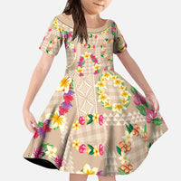 Hawaiian Kakau Tattoo Leis and Palaka Pattern Family Matching Summer Maxi Dress and Hawaiian Shirt Traditional Aloha Tribal Beige Color LT03 Daughter's Dress Beige - Polynesian Pride