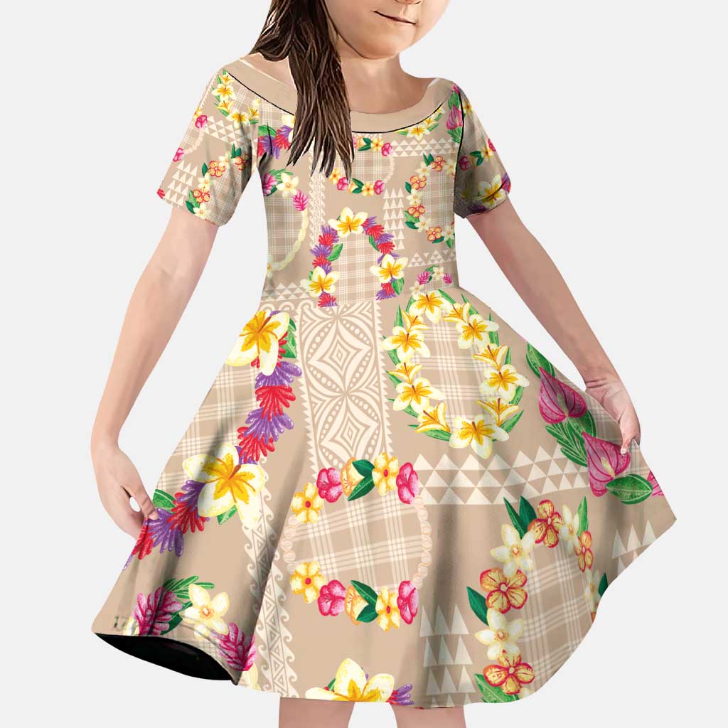 Hawaiian Kakau Tattoo Leis and Palaka Pattern Family Matching Tank Maxi Dress and Hawaiian Shirt Traditional Aloha Tribal Beige Color LT03 Daughter's Dress Beige - Polynesian Pride