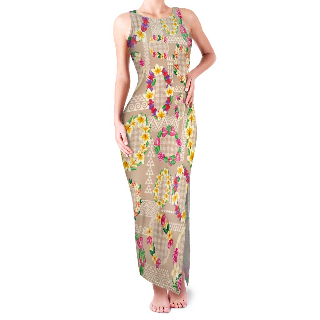 Hawaiian Kakau Tattoo Leis and Palaka Pattern Family Matching Tank Maxi Dress and Hawaiian Shirt Traditional Aloha Tribal Beige Color LT03 Mom's Dress Beige - Polynesian Pride