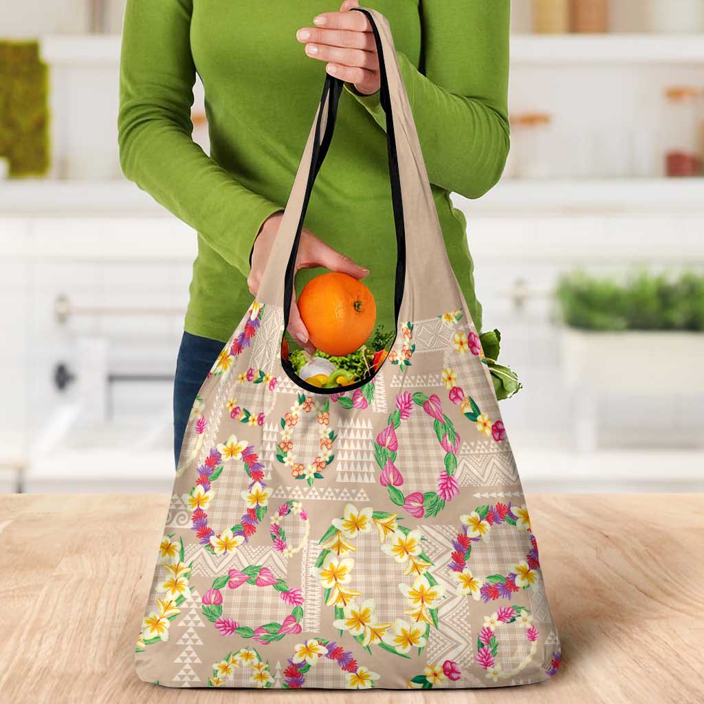 Hawaiian Kakau Tattoo Leis and Palaka Pattern Grocery Bag Traditional Aloha Tribal Beige Color