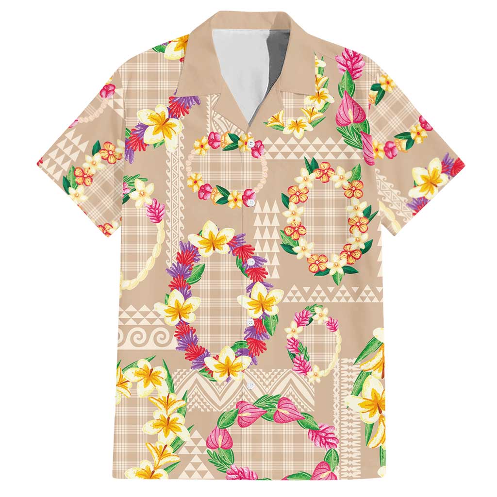 Hawaiian Kakau Tattoo Leis and Palaka Pattern Hawaiian Shirt Traditional Aloha Tribal Beige Color