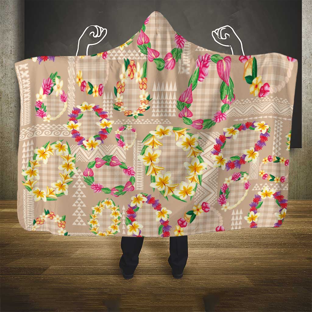 Hawaiian Kakau Tattoo Leis and Palaka Pattern Hooded Blanket Traditional Aloha Tribal Beige Color