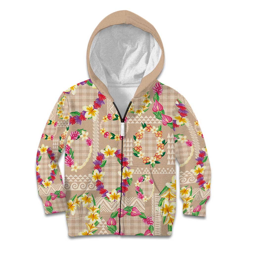 Hawaiian Kakau Tattoo Leis and Palaka Pattern Kid Hoodie Traditional Aloha Tribal Beige Color