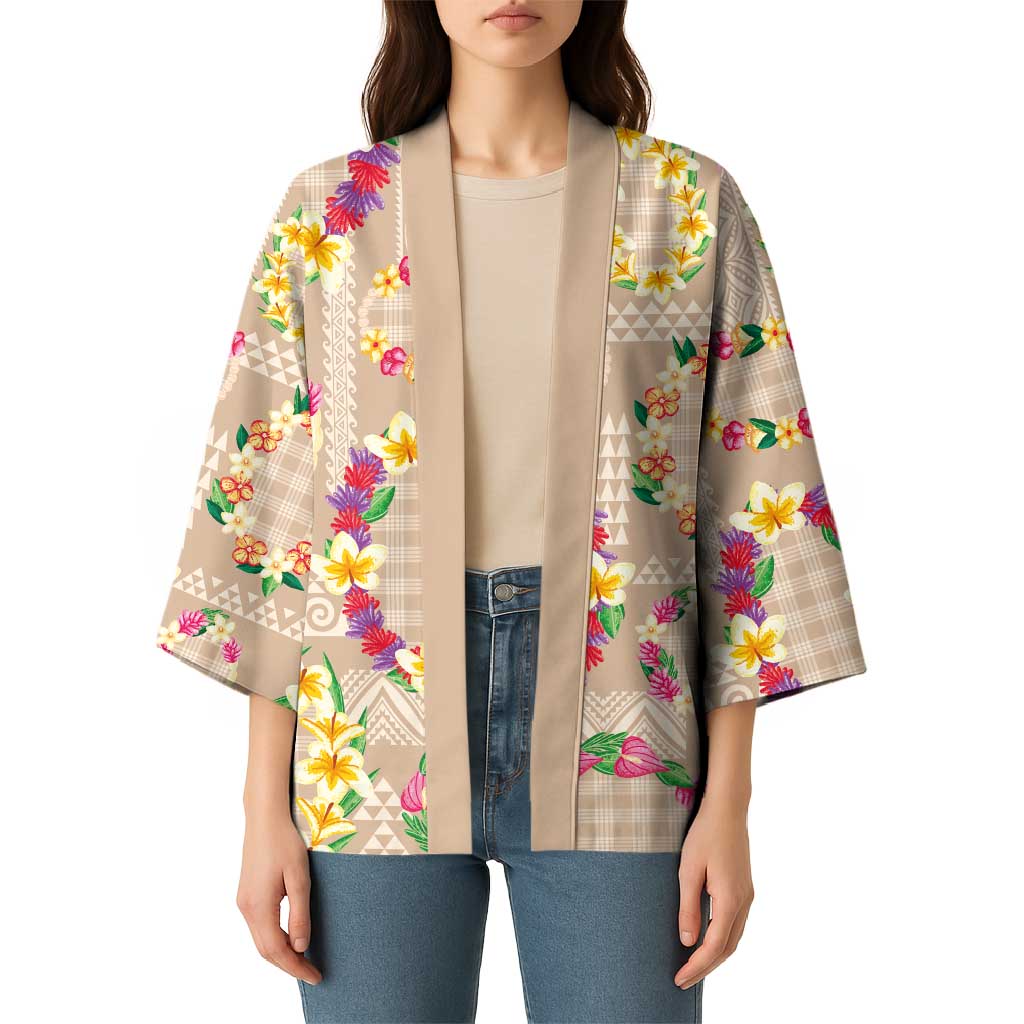 Hawaiian Kakau Tattoo Leis and Palaka Pattern Kimono Traditional Aloha Tribal Beige Color