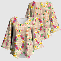 Hawaiian Kakau Tattoo Leis and Palaka Pattern Kimono Sleeve Blouse Traditional Aloha Tribal Beige Color