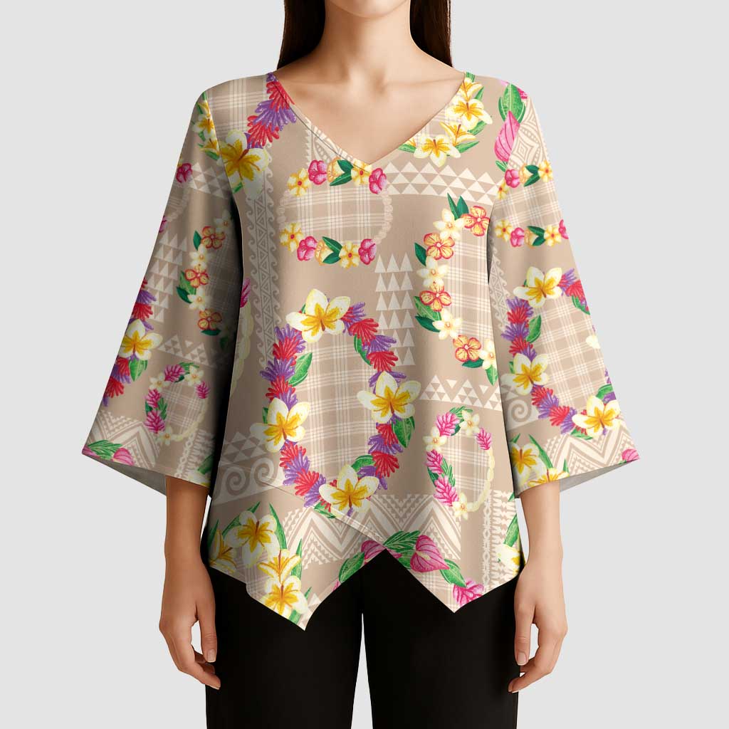 Hawaiian Kakau Tattoo Leis and Palaka Pattern Kimono Sleeve Blouse Traditional Aloha Tribal Beige Color
