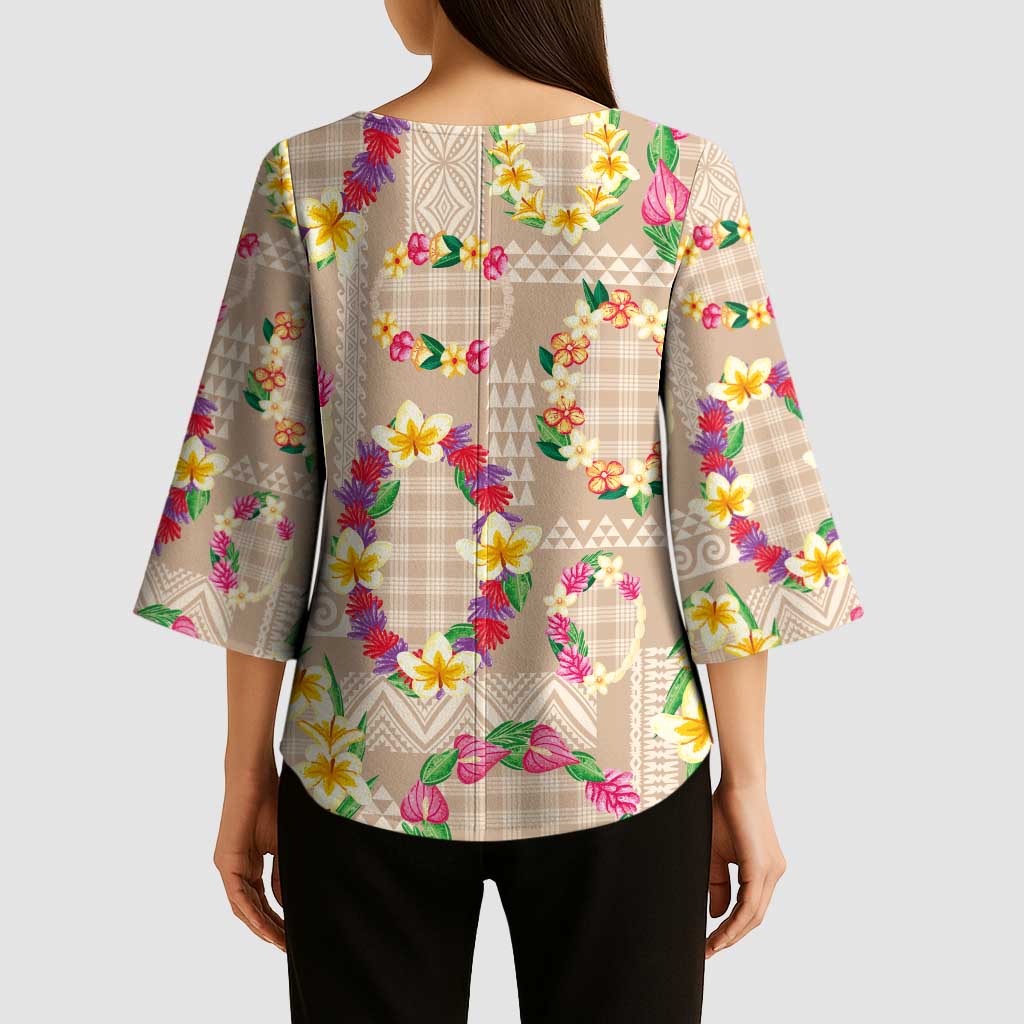 Hawaiian Kakau Tattoo Leis and Palaka Pattern Kimono Sleeve Blouse Traditional Aloha Tribal Beige Color