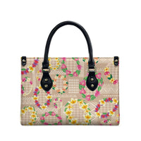 Hawaiian Kakau Tattoo Leis and Palaka Pattern Leather Bag Traditional Aloha Tribal Beige Color