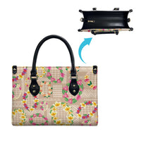 Hawaiian Kakau Tattoo Leis and Palaka Pattern Leather Bag Traditional Aloha Tribal Beige Color