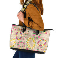 Hawaiian Kakau Tattoo Leis and Palaka Pattern Leather Tote Bag Traditional Aloha Tribal Beige Color