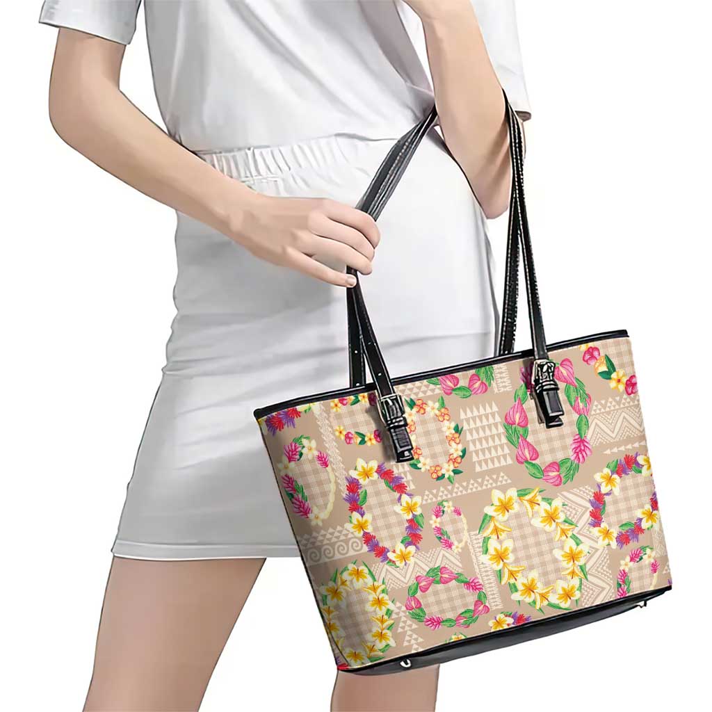 Hawaiian Kakau Tattoo Leis and Palaka Pattern Leather Tote Bag Traditional Aloha Tribal Beige Color