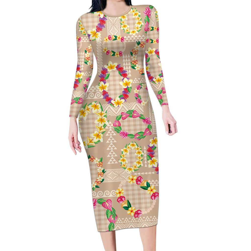 Hawaiian Kakau Tattoo Leis and Palaka Pattern Long Sleeve Bodycon Dress Traditional Aloha Tribal Beige Color