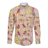 Hawaiian Kakau Tattoo Leis and Palaka Pattern Long Sleeve Button Shirt Traditional Aloha Tribal Beige Color
