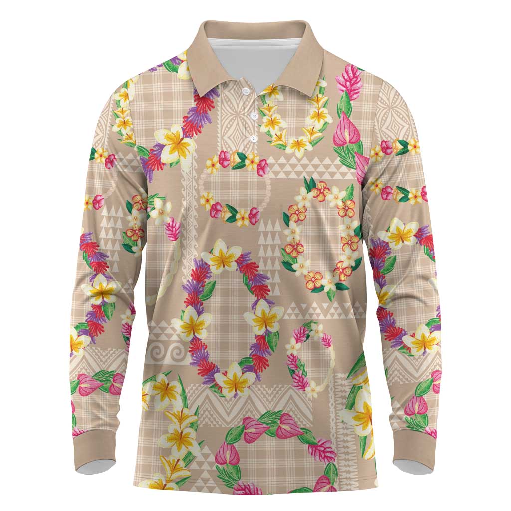Hawaiian Kakau Tattoo Leis and Palaka Pattern Long Sleeve Polo Shirt Traditional Aloha Tribal Beige Color
