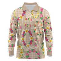 Hawaiian Kakau Tattoo Leis and Palaka Pattern Long Sleeve Polo Shirt Traditional Aloha Tribal Beige Color