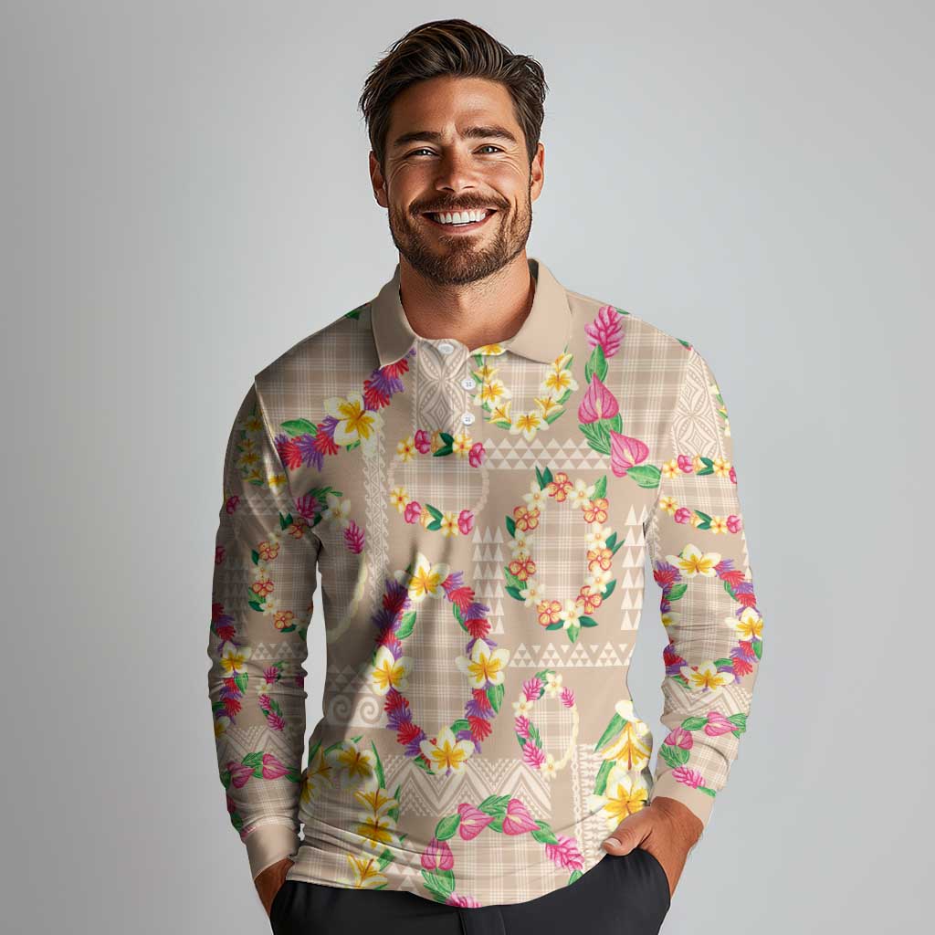 Hawaiian Kakau Tattoo Leis and Palaka Pattern Long Sleeve Polo Shirt Traditional Aloha Tribal Beige Color
