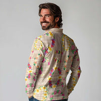 Hawaiian Kakau Tattoo Leis and Palaka Pattern Long Sleeve Polo Shirt Traditional Aloha Tribal Beige Color