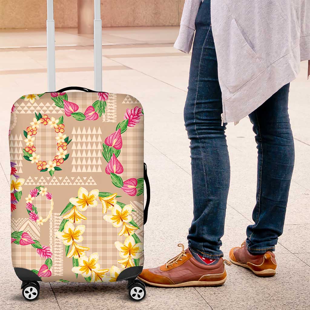 Hawaiian Kakau Tattoo Leis and Palaka Pattern Luggage Cover Traditional Aloha Tribal Beige Color