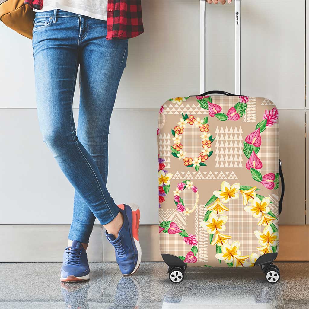 Hawaiian Kakau Tattoo Leis and Palaka Pattern Luggage Cover Traditional Aloha Tribal Beige Color