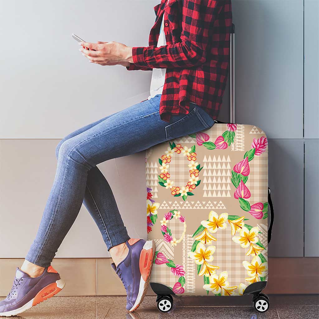 Hawaiian Kakau Tattoo Leis and Palaka Pattern Luggage Cover Traditional Aloha Tribal Beige Color
