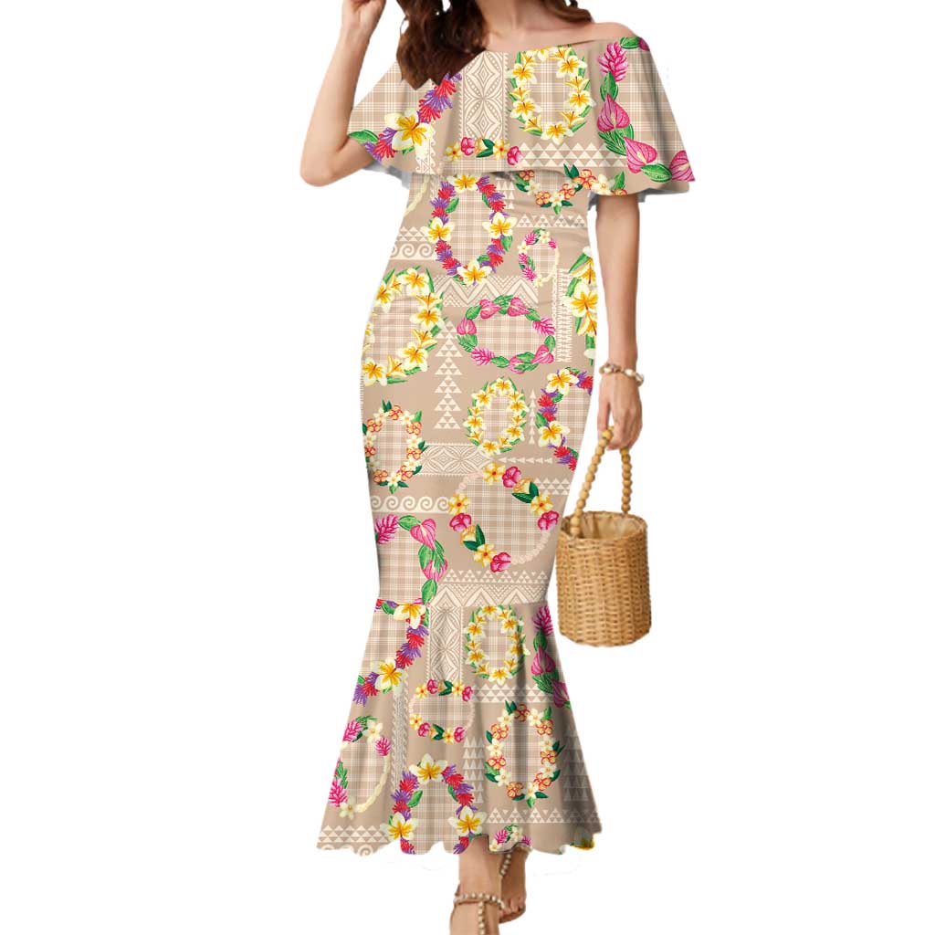 Hawaiian Kakau Tattoo Leis and Palaka Pattern Mermaid Dress Traditional Aloha Tribal Beige Color