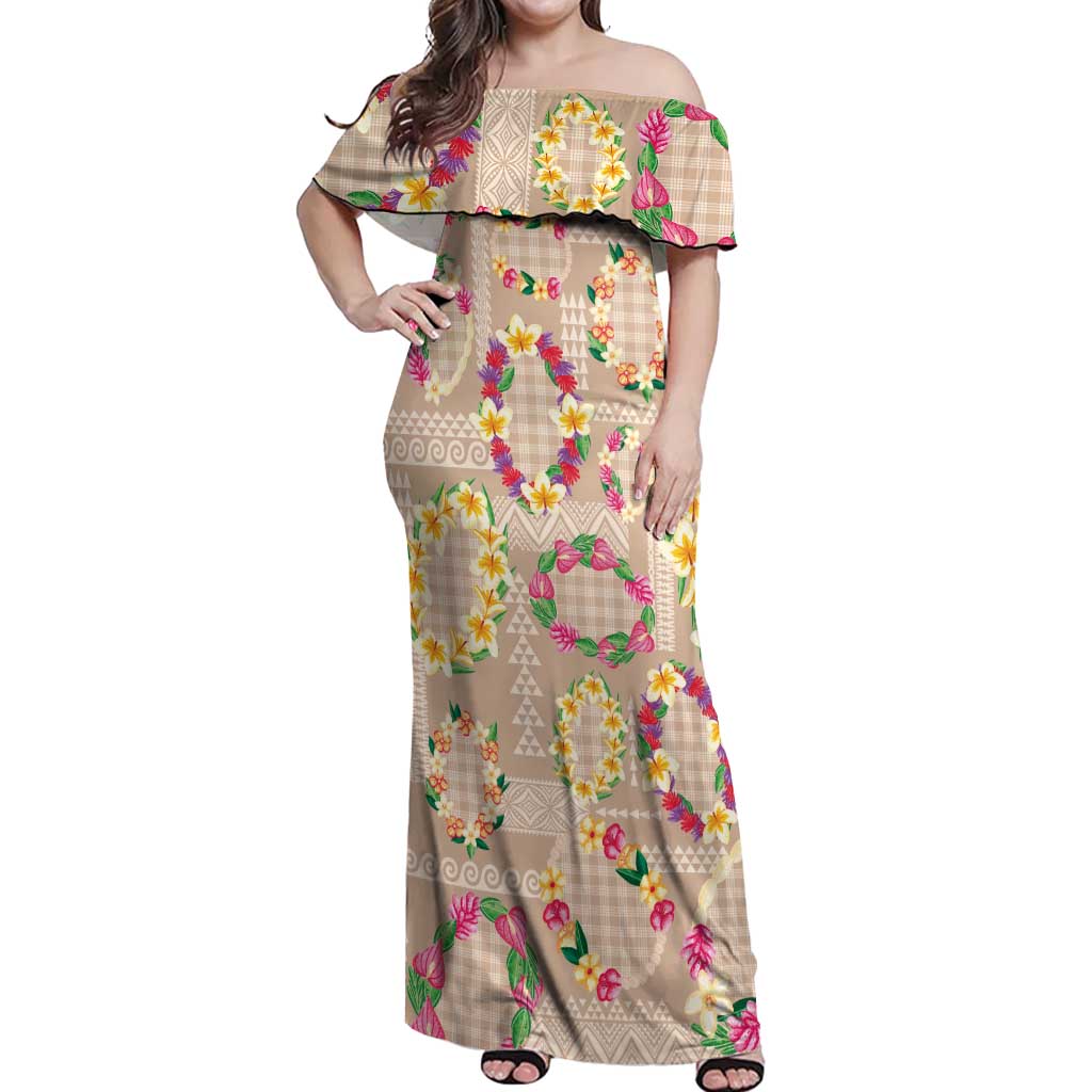 Hawaiian Kakau Tattoo Leis and Palaka Pattern Off Shoulder Maxi Dress Traditional Aloha Tribal Beige Color