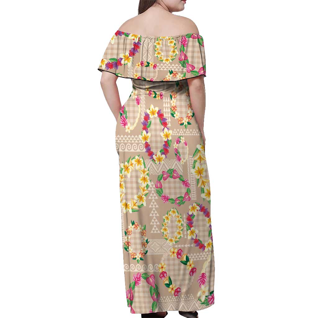Hawaiian Kakau Tattoo Leis and Palaka Pattern Off Shoulder Maxi Dress Traditional Aloha Tribal Beige Color
