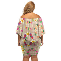 Hawaiian Kakau Tattoo Leis and Palaka Pattern Off Shoulder Short Dress Traditional Aloha Tribal Beige Color