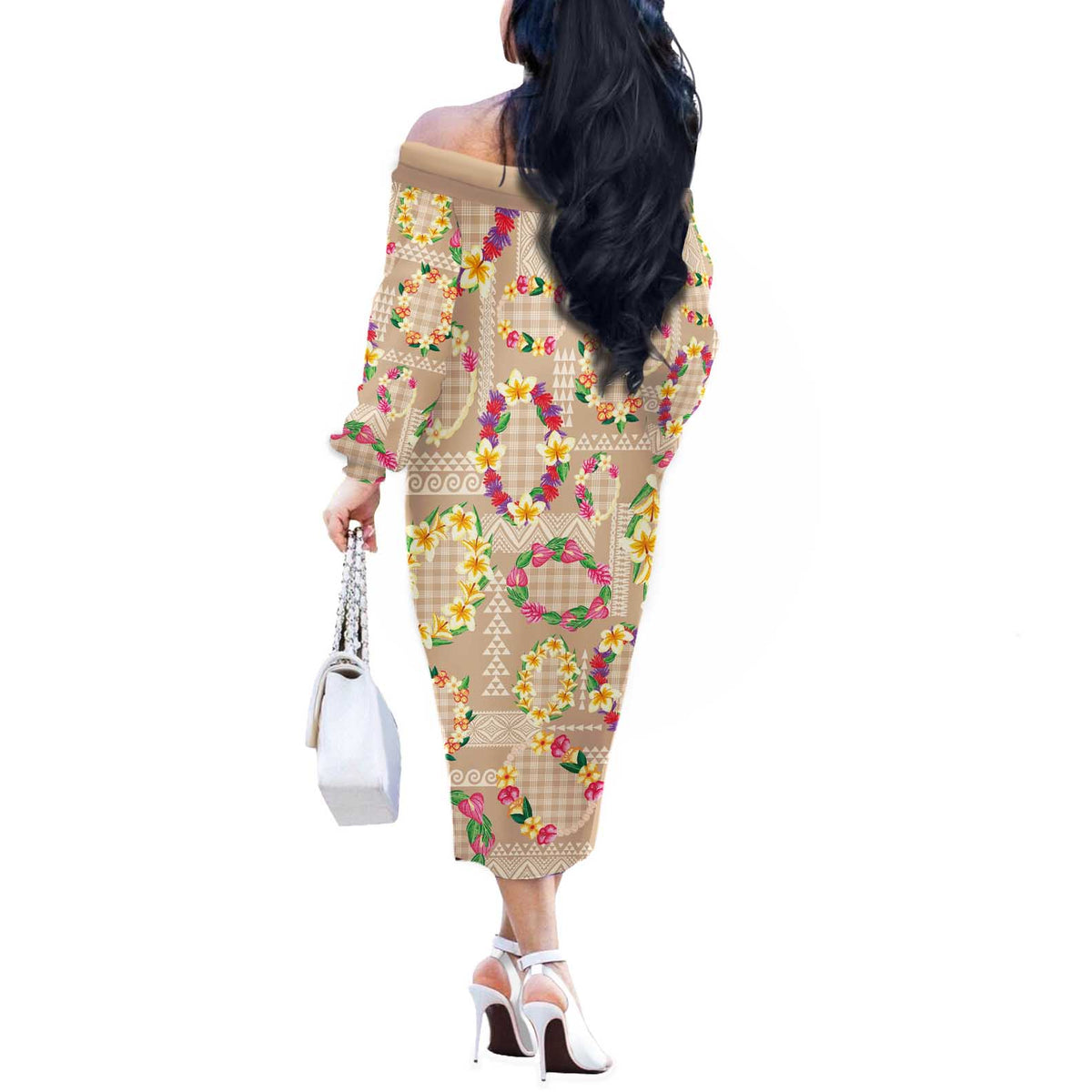 Hawaiian Kakau Tattoo Leis and Palaka Pattern Off The Shoulder Long Sleeve Dress Traditional Aloha Tribal Beige Color LT03 - Polynesian Pride