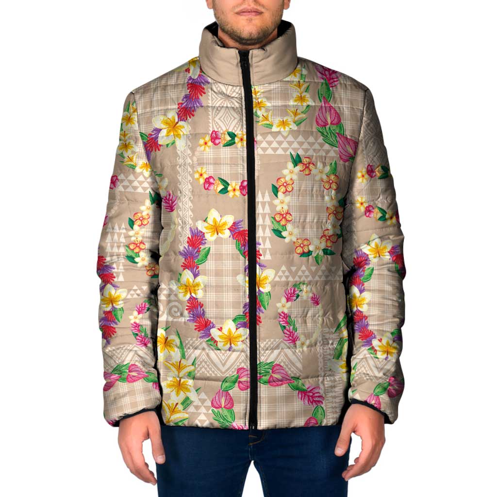 Hawaiian Kakau Tattoo Leis and Palaka Pattern Padded Jacket Traditional Aloha Tribal Beige Color
