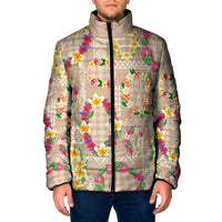 Hawaiian Kakau Tattoo Leis and Palaka Pattern Padded Jacket Traditional Aloha Tribal Beige Color