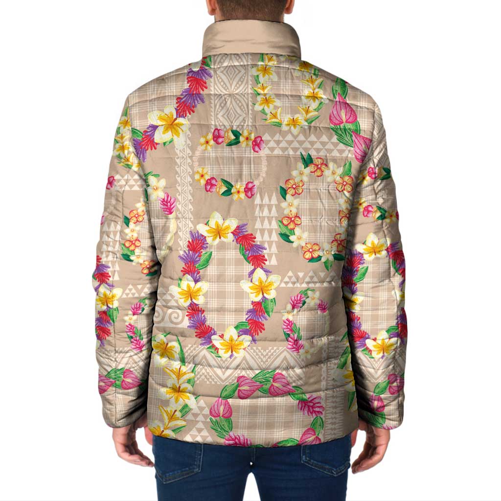 Hawaiian Kakau Tattoo Leis and Palaka Pattern Padded Jacket Traditional Aloha Tribal Beige Color