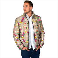 Hawaiian Kakau Tattoo Leis and Palaka Pattern Padded Jacket Traditional Aloha Tribal Beige Color