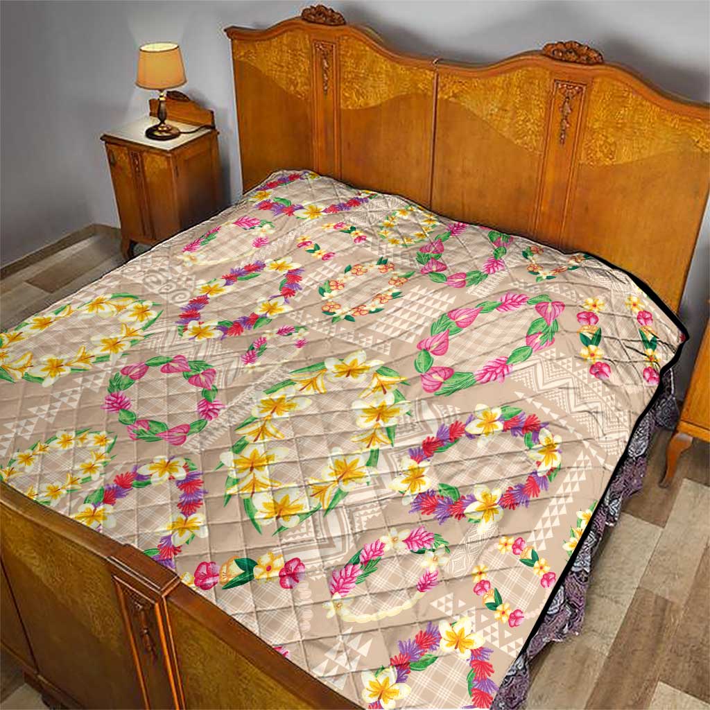 Hawaiian Kakau Tattoo Leis and Palaka Pattern Quilt Traditional Aloha Tribal Beige Color