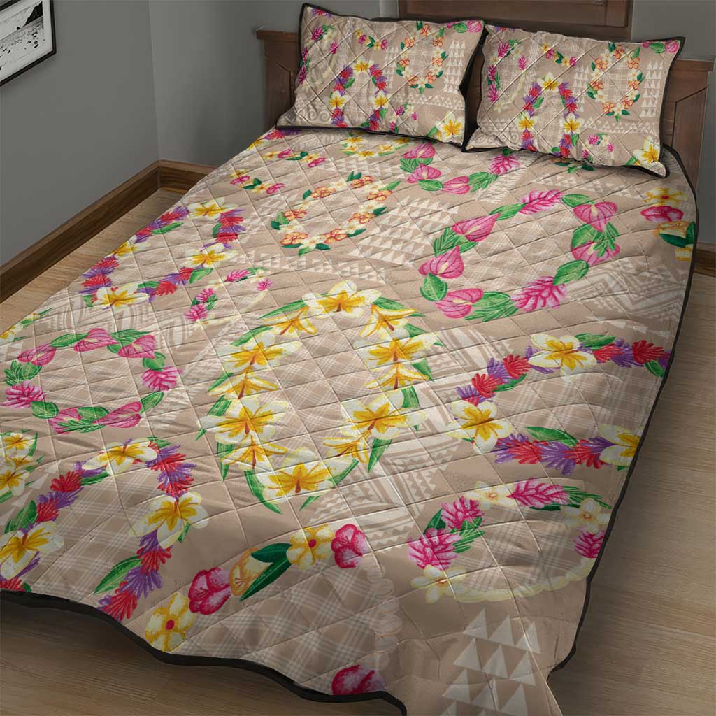 Hawaiian Kakau Tattoo Leis and Palaka Pattern Quilt Bed Set Traditional Aloha Tribal Beige Color