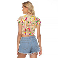 Hawaiian Kakau Tattoo Leis and Palaka Pattern Raglan Cropped T Shirt Traditional Aloha Tribal Beige Color