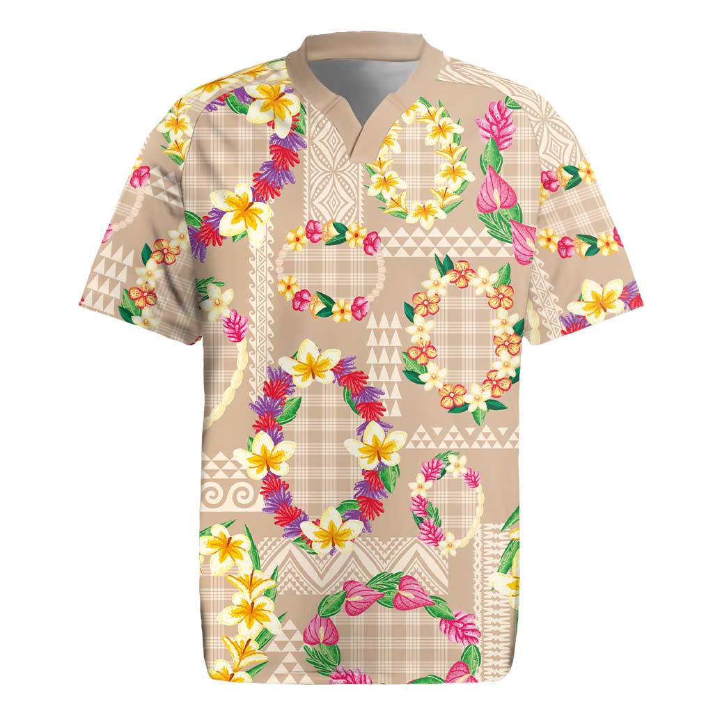Hawaiian Kakau Tattoo Leis and Palaka Pattern Rugby Jersey Traditional Aloha Tribal Beige Color